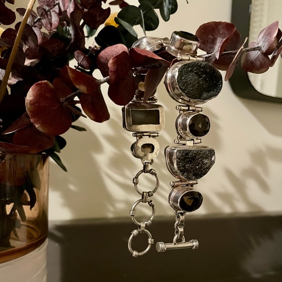 Vintage Estate Sterling Silver Druzy Smoky Quartz Toggle 925 Bracelet - Picture 8 of 8